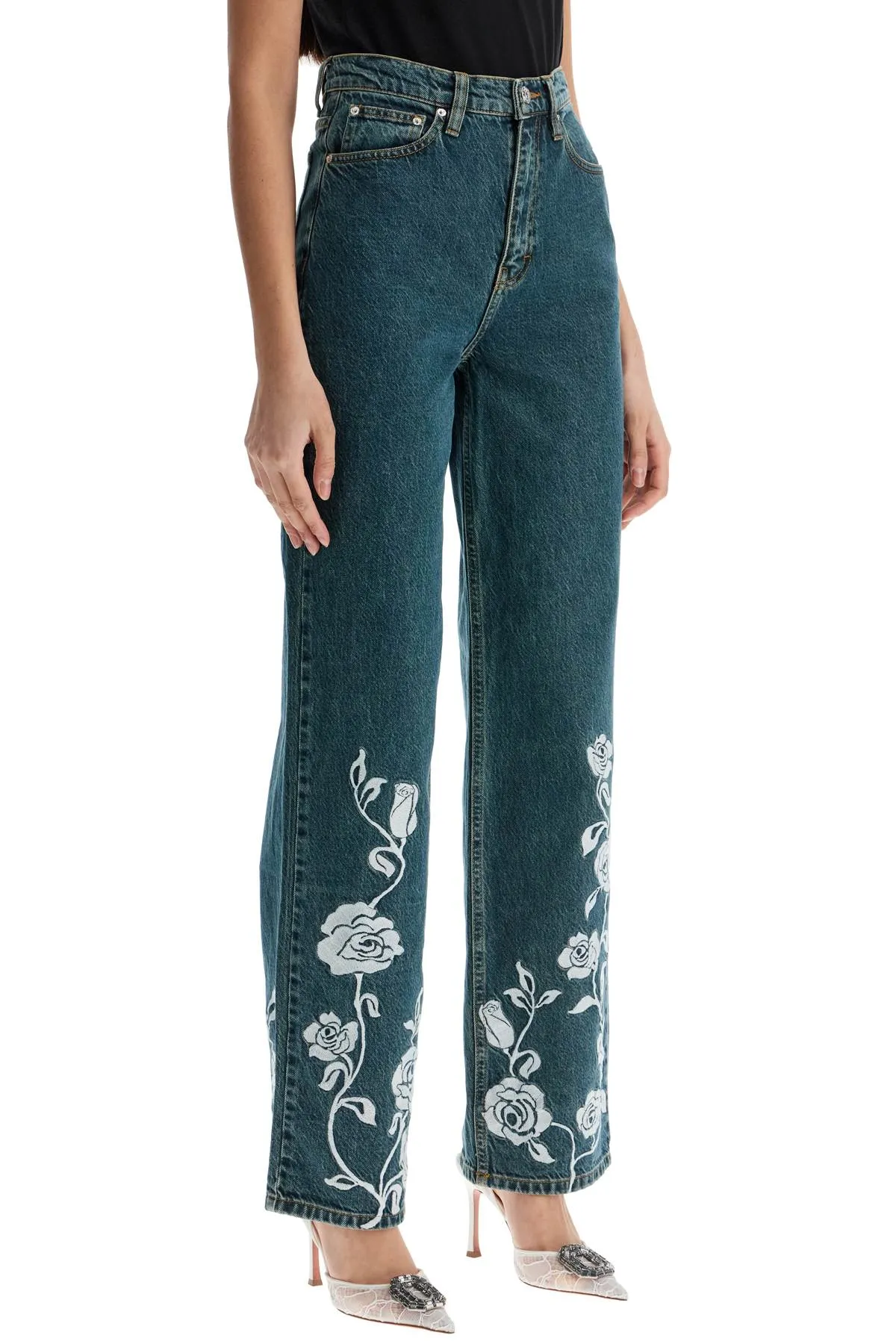 jeans in denim steel blue with floral details 1139143048 STEEL BLUE DENIM