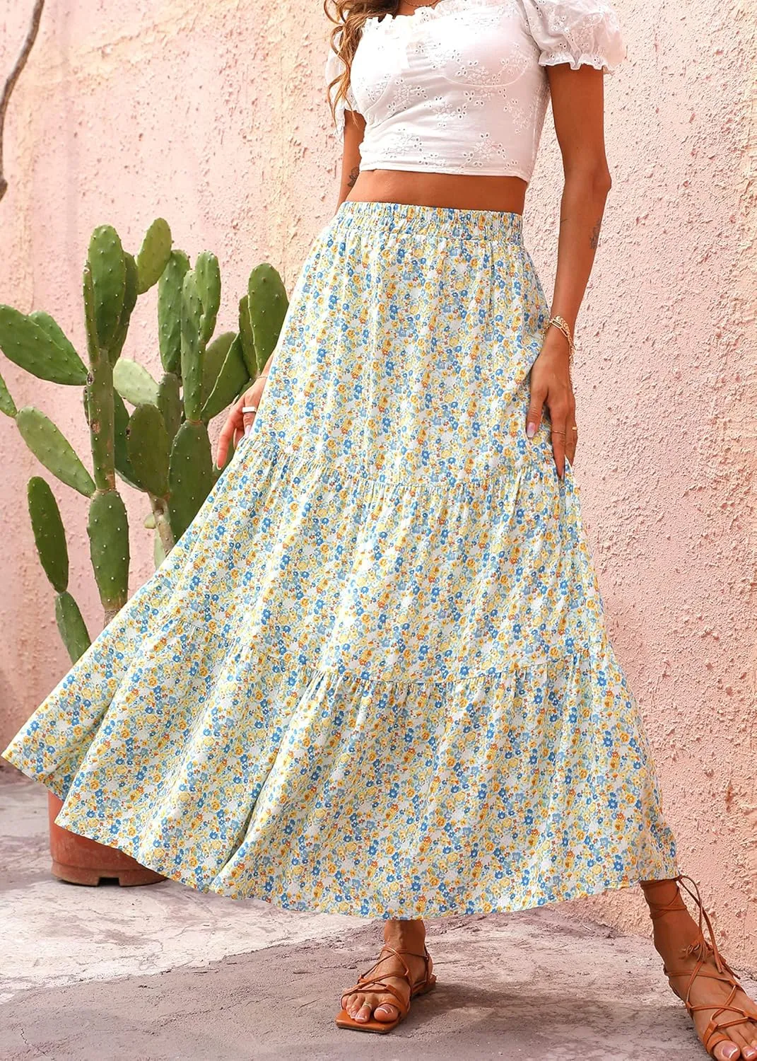 KIRUNDO Women's 2025 Spring Summer High Waist Boho Floral Maxi Skirt Casual Flowy Swing Pleated A Line Beach Long Skirts