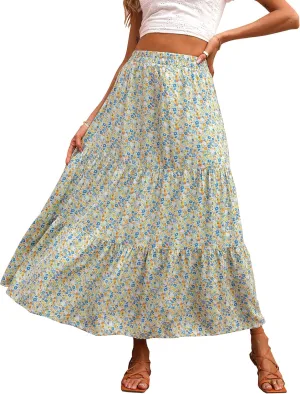 KIRUNDO Women's 2025 Spring Summer High Waist Boho Floral Maxi Skirt Casual Flowy Swing Pleated A Line Beach Long Skirts