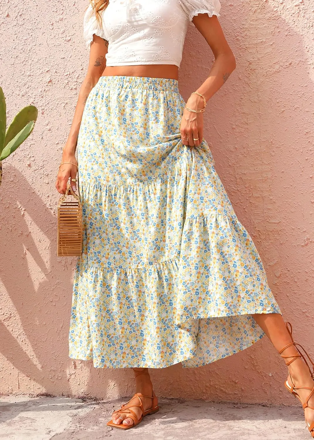 KIRUNDO Women's 2025 Spring Summer High Waist Boho Floral Maxi Skirt Casual Flowy Swing Pleated A Line Beach Long Skirts