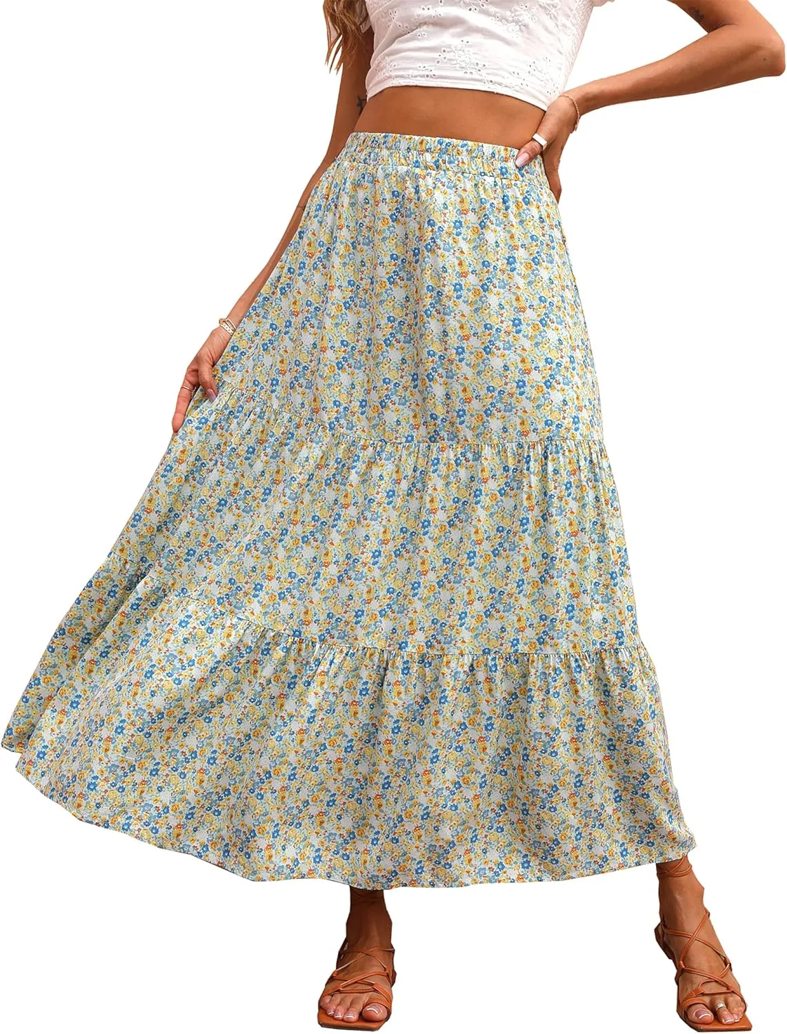 KIRUNDO Women's 2025 Spring Summer High Waist Boho Floral Maxi Skirt Casual Flowy Swing Pleated A Line Beach Long Skirts