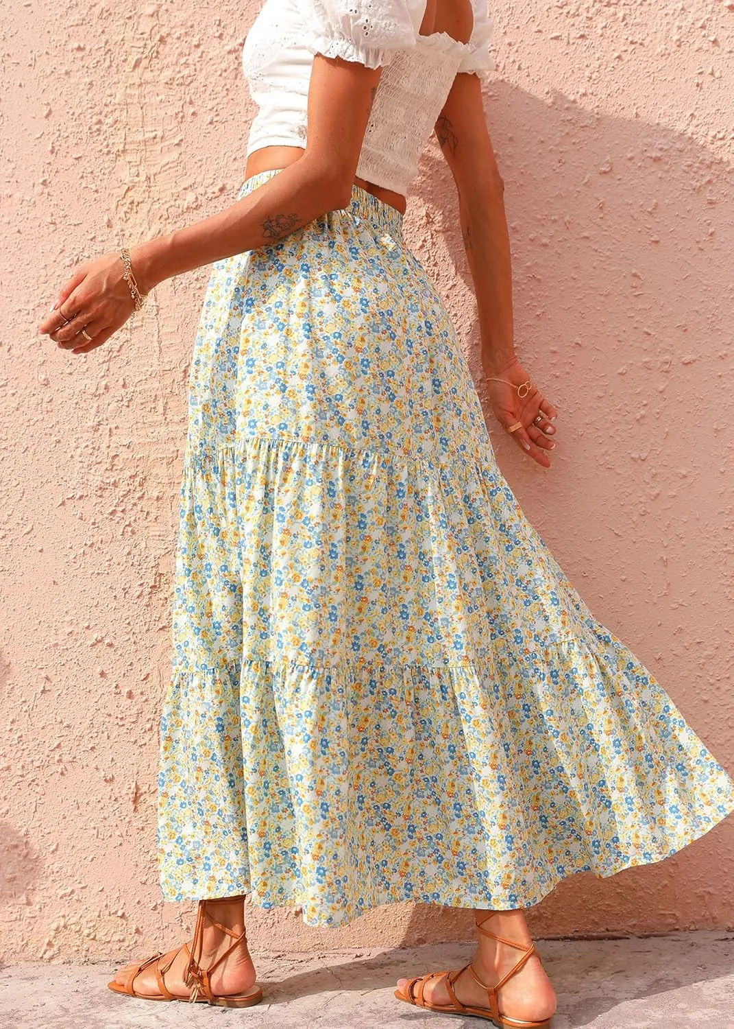 KIRUNDO Women's 2025 Spring Summer High Waist Boho Floral Maxi Skirt Casual Flowy Swing Pleated A Line Beach Long Skirts