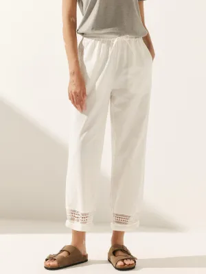 Linen Hollow Lace Stitching Elastic Waist Ankle Length Pants