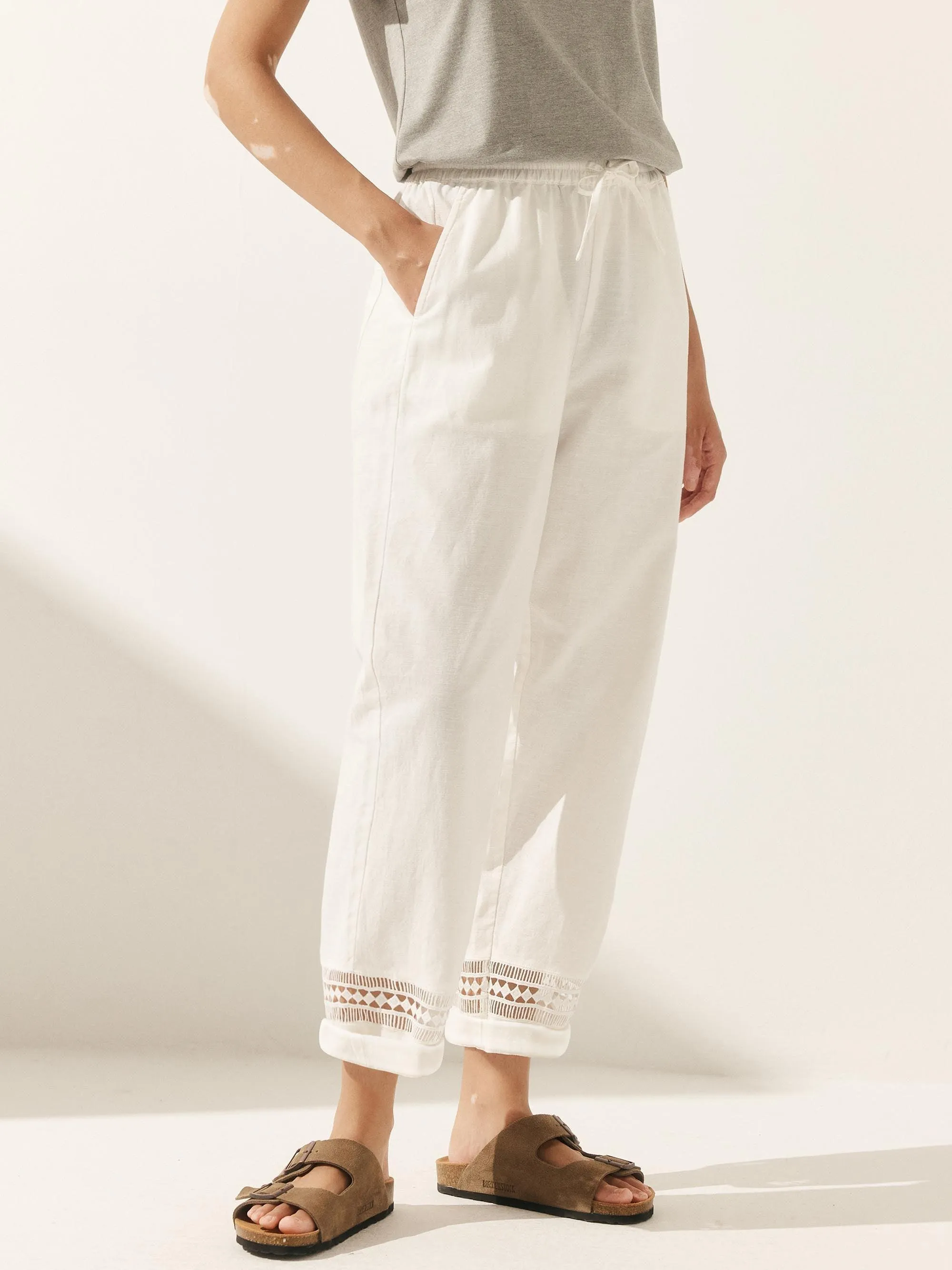 Linen Hollow Lace Stitching Elastic Waist Ankle Length Pants