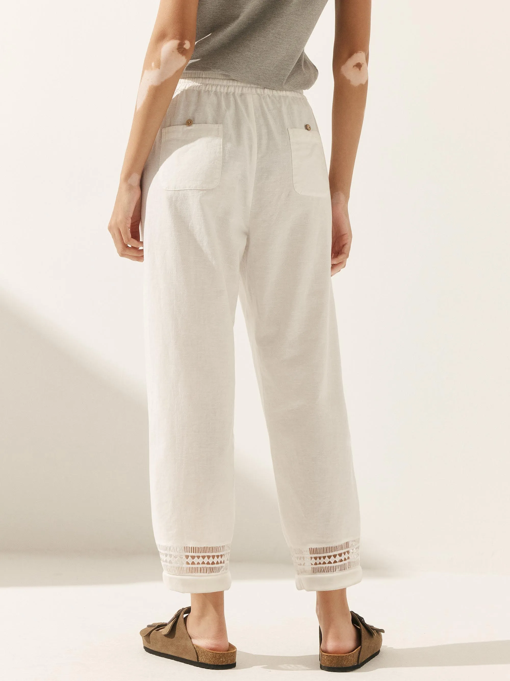 Linen Hollow Lace Stitching Elastic Waist Ankle Length Pants