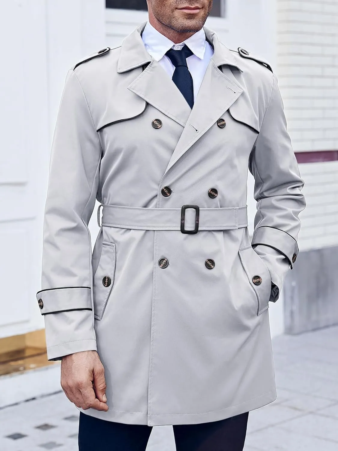 Makkrom Men's Trench Coat Slim fit Double Breasted Notched Lapel Belted Windbreaker Long Jacket Casual Windproof Overcoat
