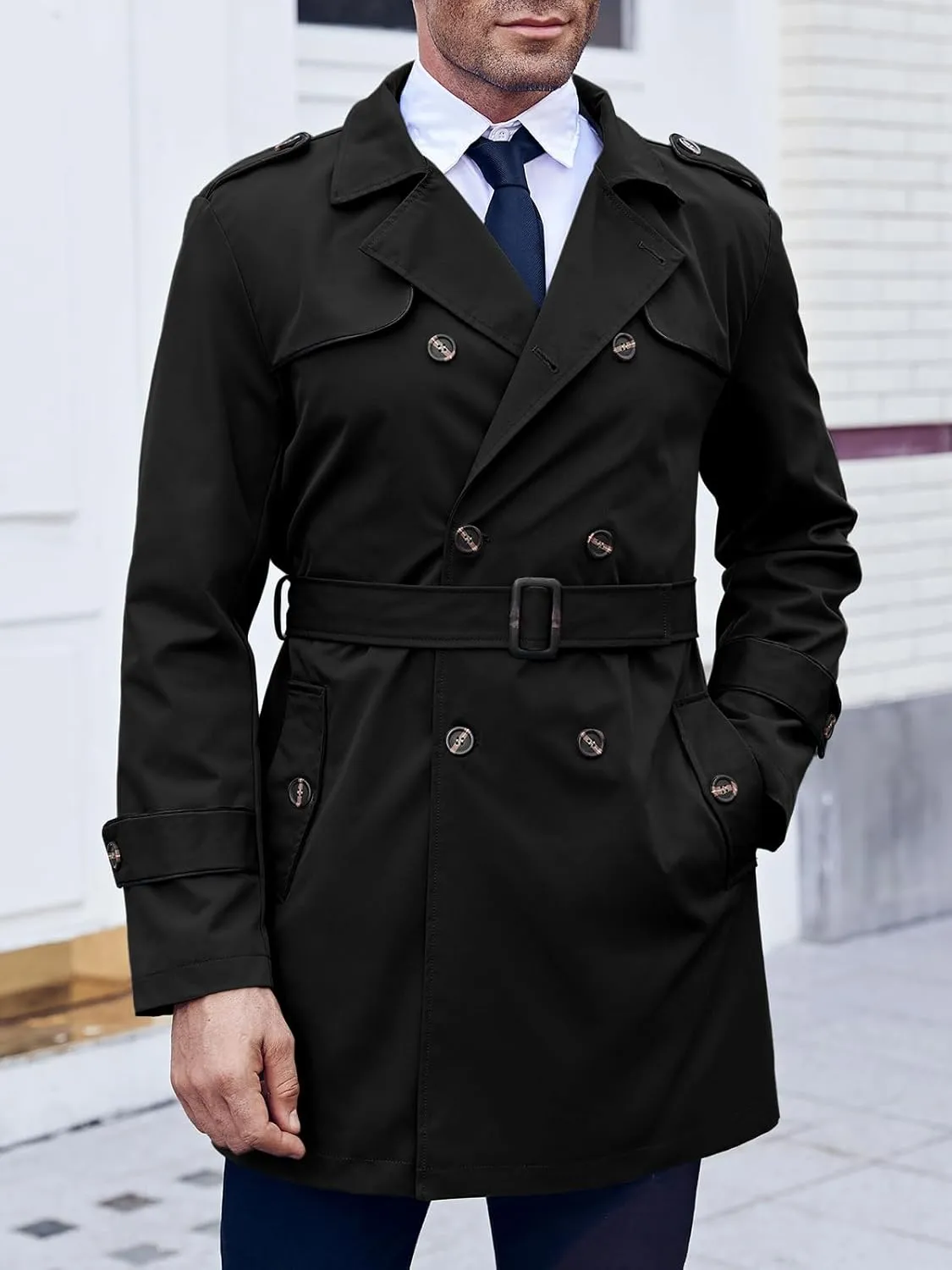 Makkrom Men's Trench Coat Slim fit Double Breasted Notched Lapel Belted Windbreaker Long Jacket Casual Windproof Overcoat