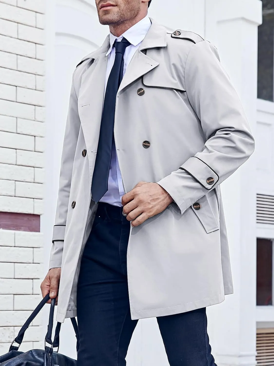 Makkrom Men's Trench Coat Slim fit Double Breasted Notched Lapel Belted Windbreaker Long Jacket Casual Windproof Overcoat