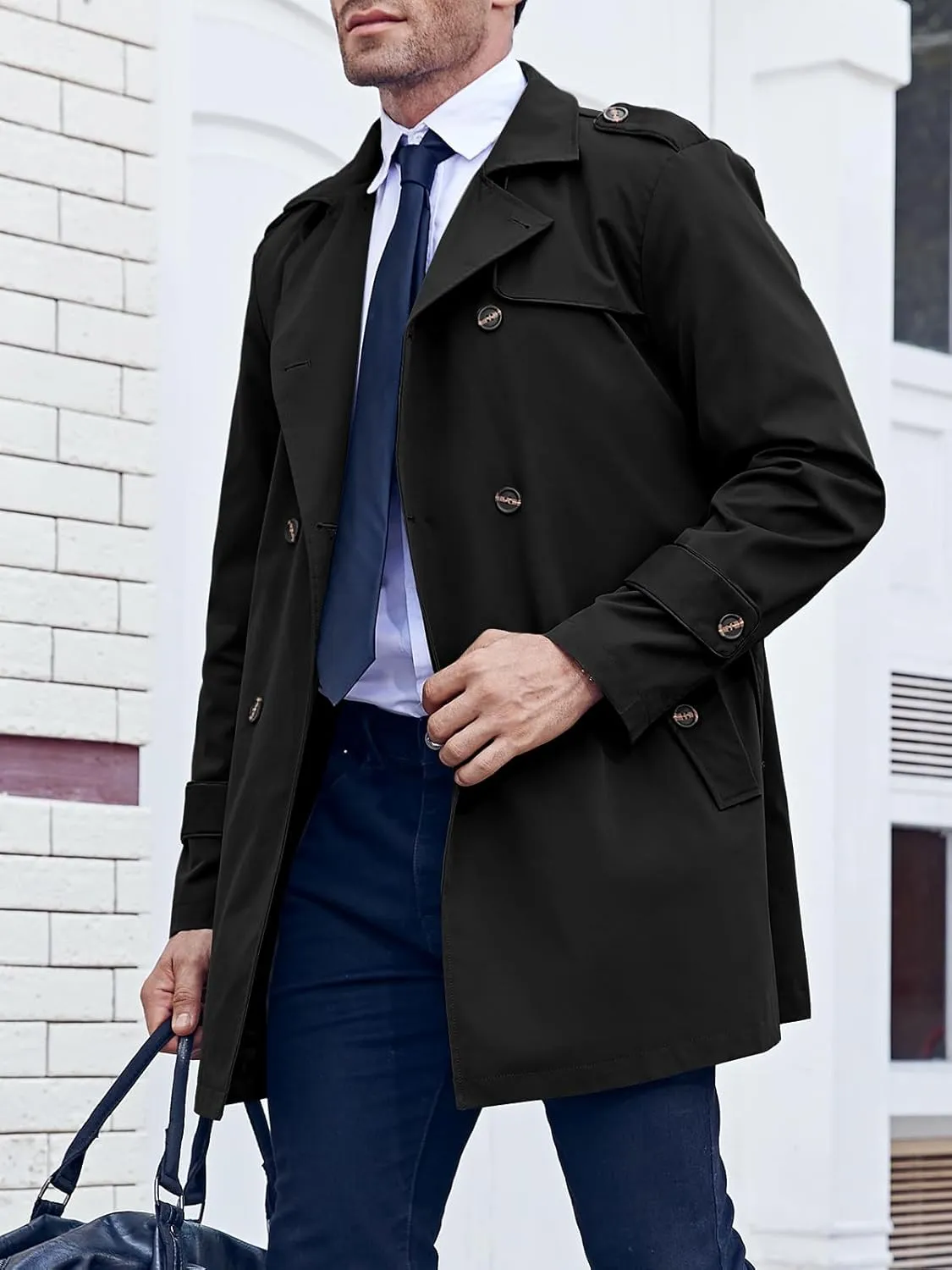 Makkrom Men's Trench Coat Slim fit Double Breasted Notched Lapel Belted Windbreaker Long Jacket Casual Windproof Overcoat