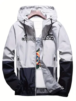 Men's Light Grey Water-resistant Hooded Windbreaker Coat