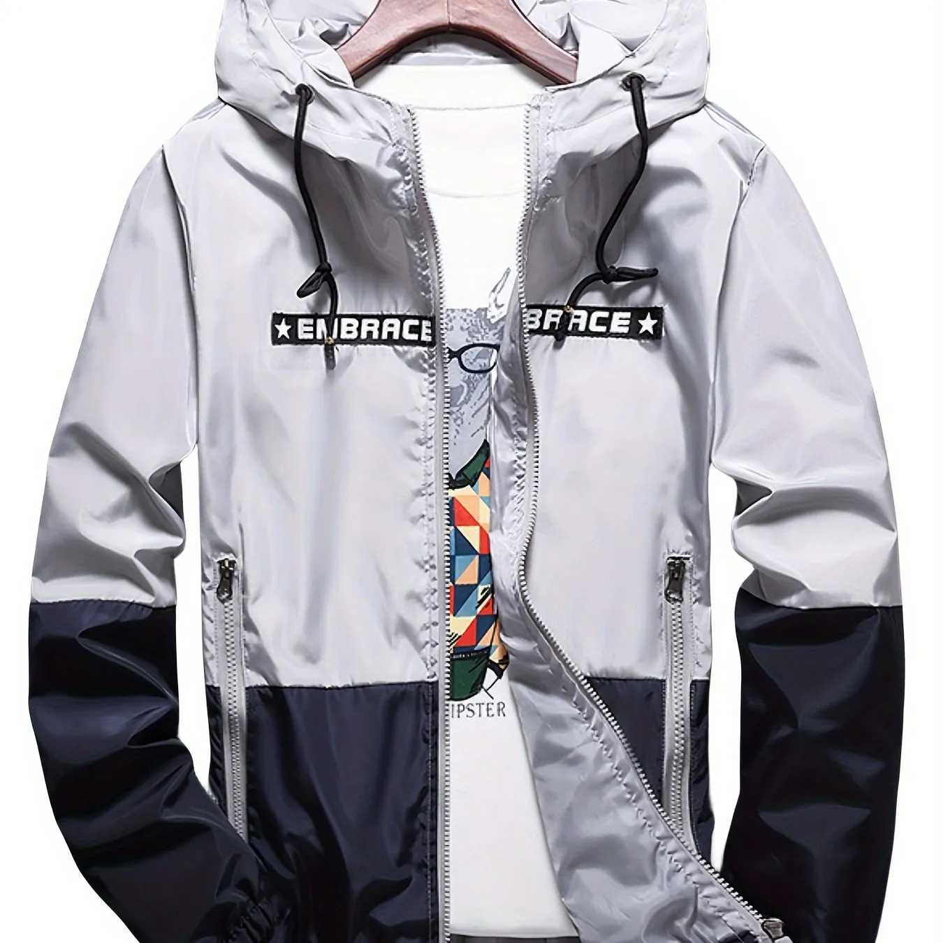 Men's Light Grey Water-resistant Hooded Windbreaker Coat