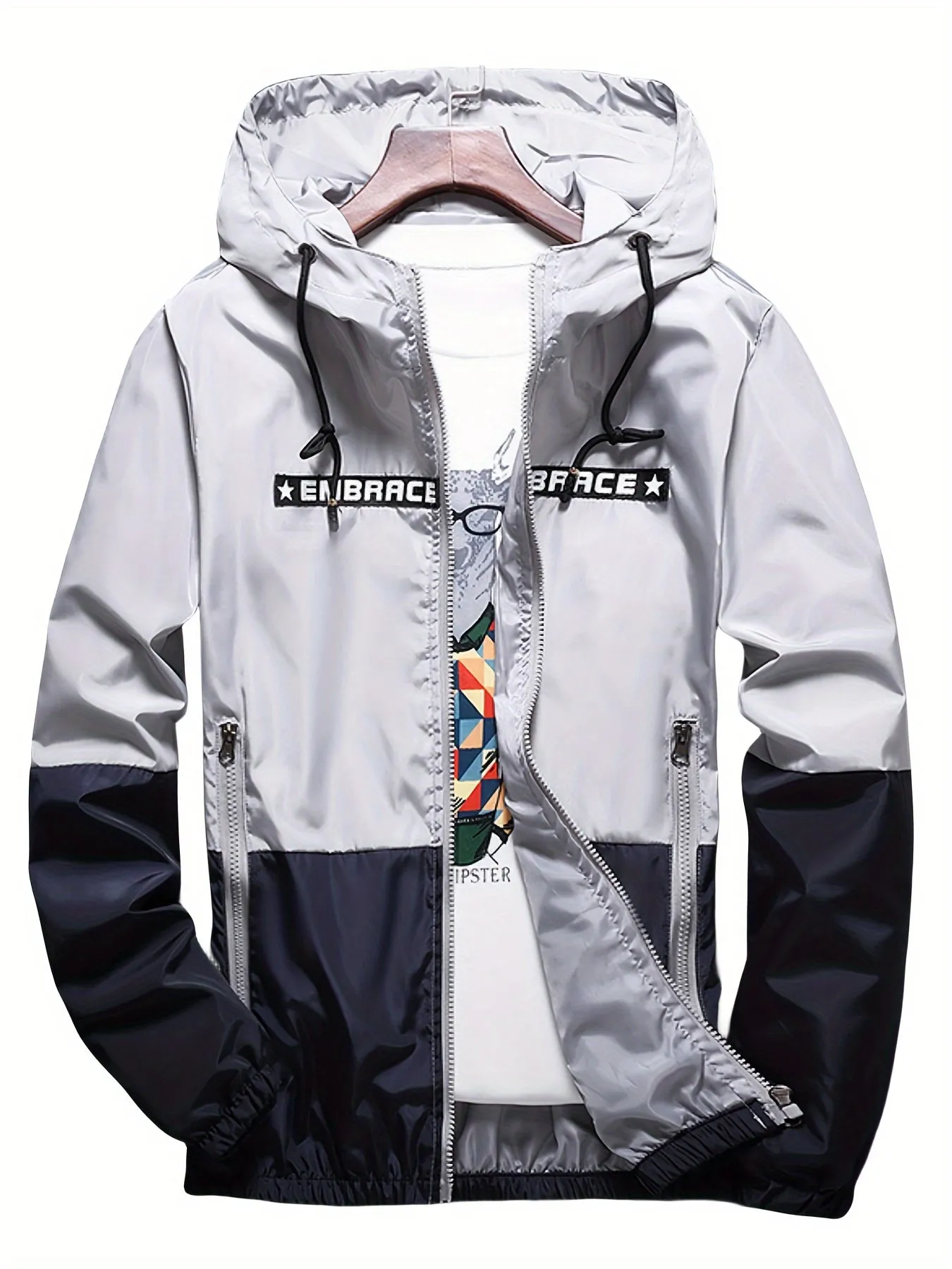 Men's Light Grey Water-resistant Hooded Windbreaker Coat