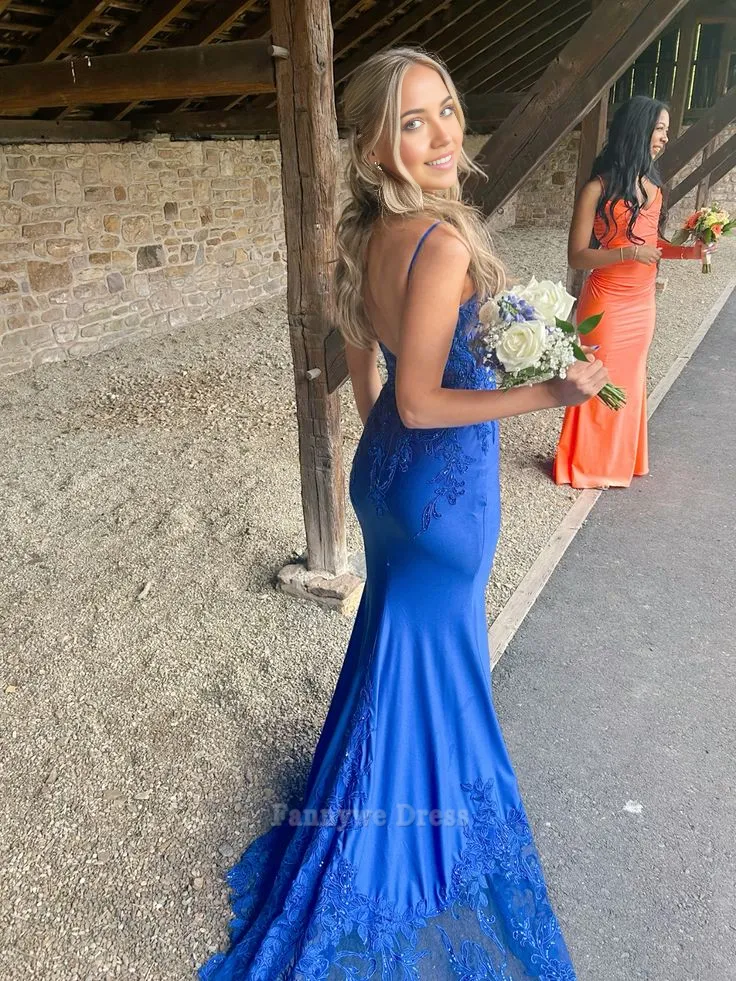 Mermaid Spaghetti Straps Satin Royal Blue Long formal dresses Bridesmaid Dresses evening gown Prom Dress