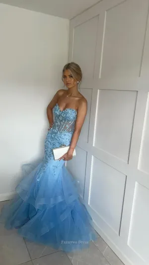 Mermaid Sweetheart Appliques Beading Blue Long formal dresses Bridesmaid Dresses evening gown Prom Dress