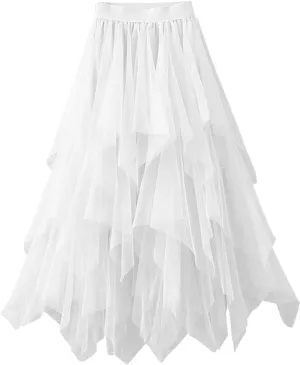 Midi Skirts for Women Swing Pleated Floral Printed Women Overlay Waist A-LineTulle Elastic Big Mid Length Skirts