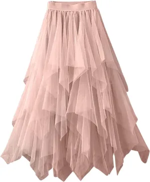 Midi Skirts for Women Swing Pleated Floral Printed Women Overlay Waist A-LineTulle Elastic Big Mid Length Skirts