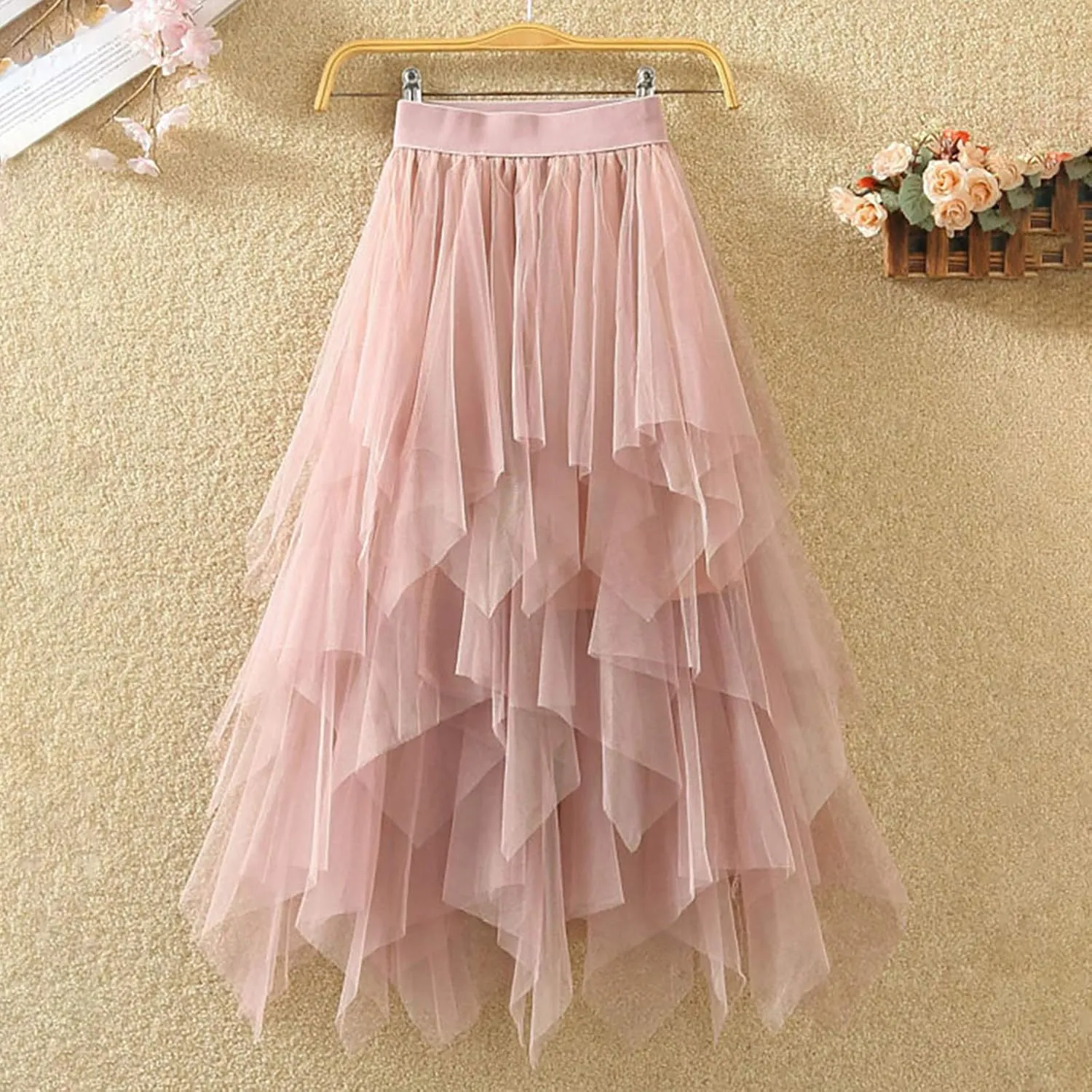 Midi Skirts for Women Swing Pleated Floral Printed Women Overlay Waist A-LineTulle Elastic Big Mid Length Skirts