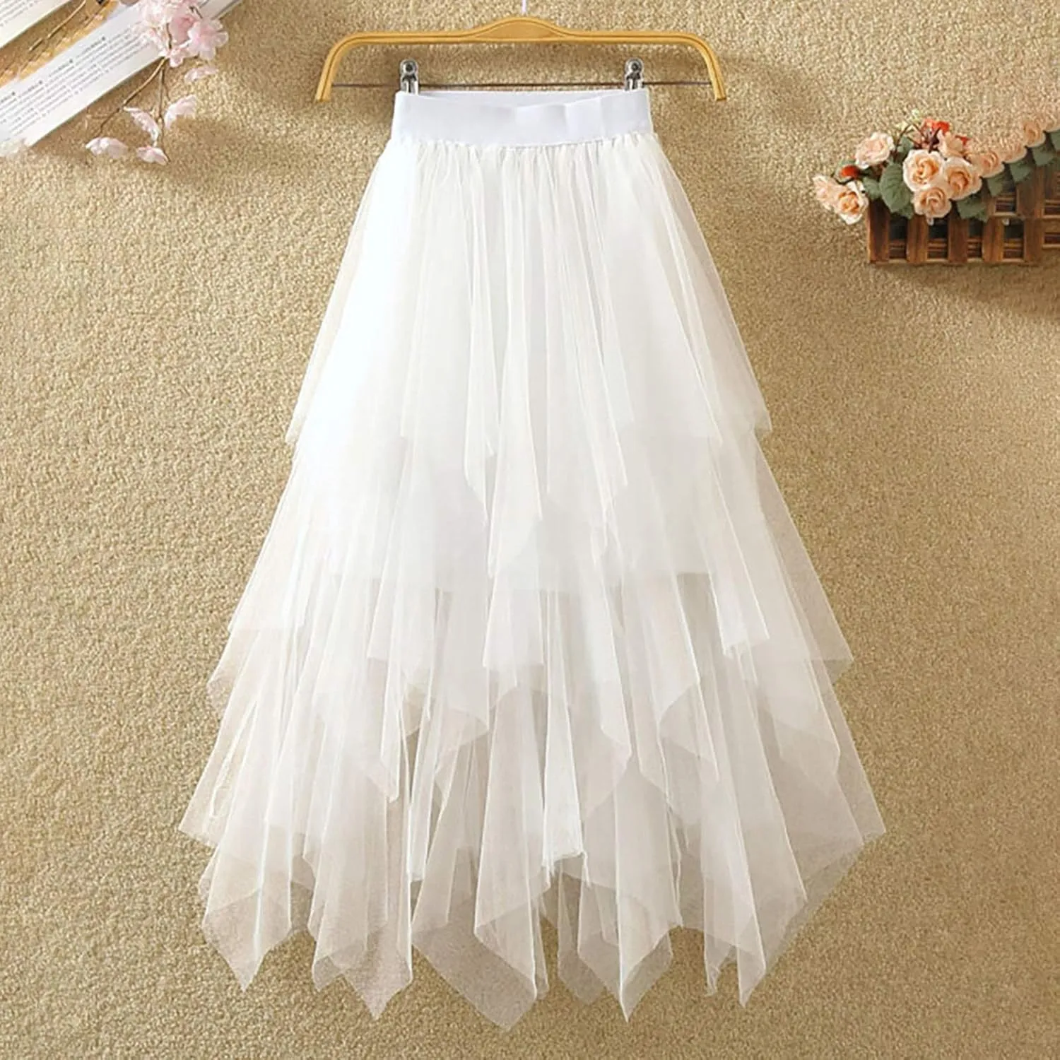 Midi Skirts for Women Swing Pleated Floral Printed Women Overlay Waist A-LineTulle Elastic Big Mid Length Skirts