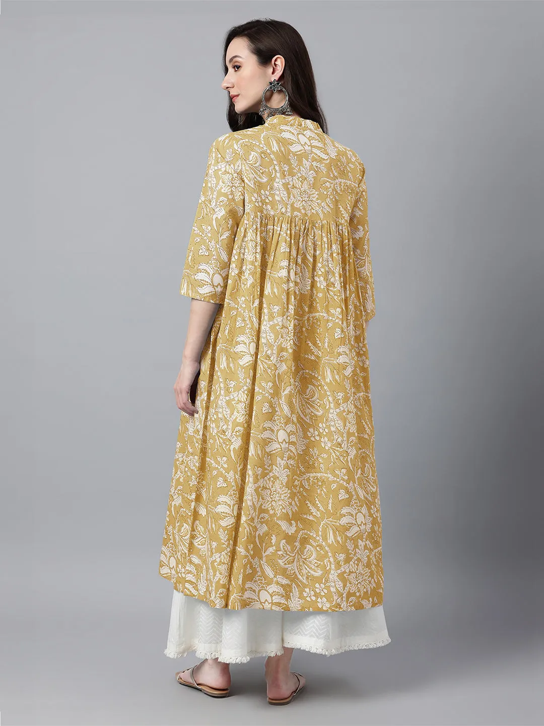 Mustard Pure Cotton Floral Printed Flared Kurta