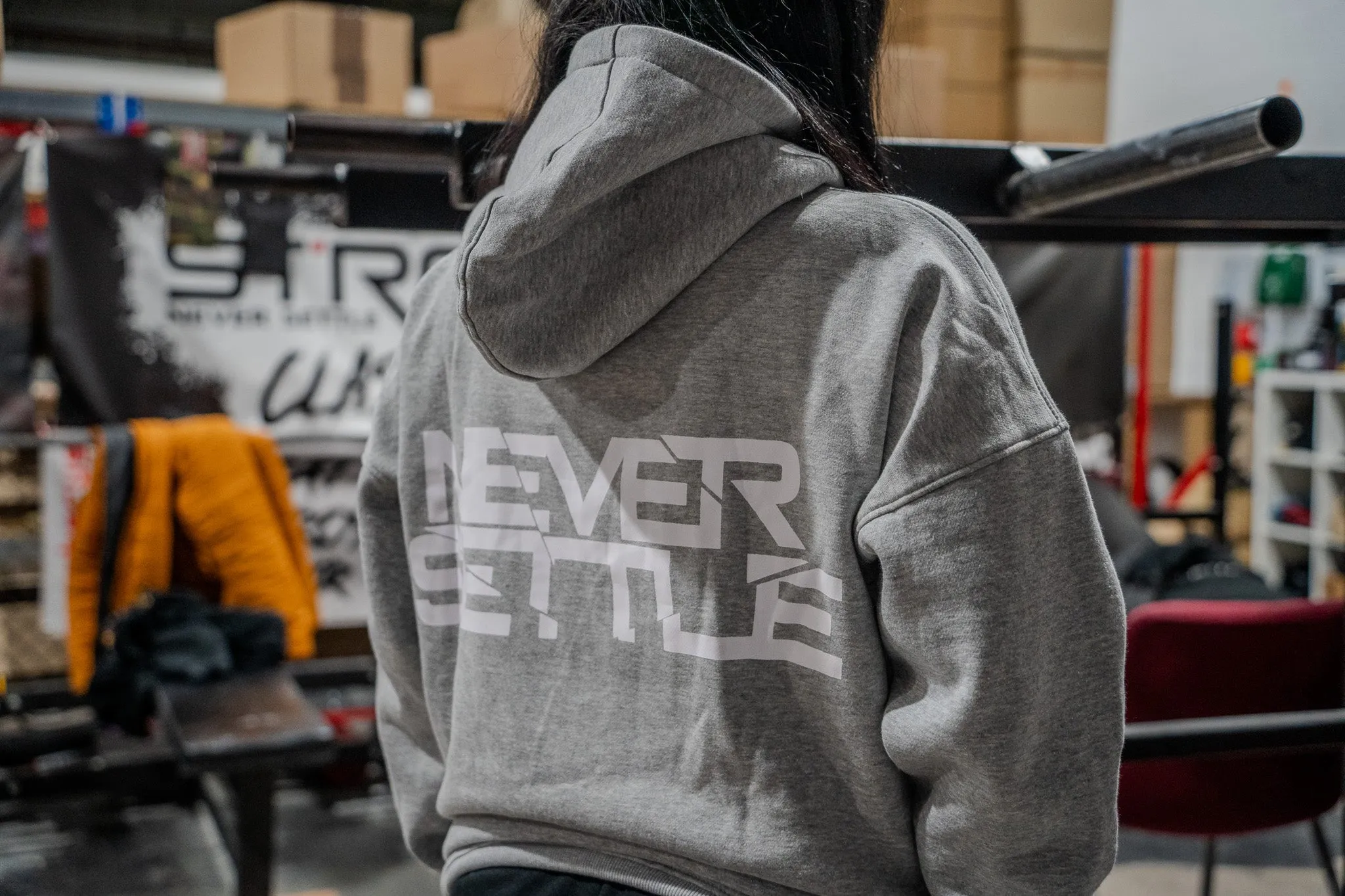 NEVER SETTLE Heavyweight Oversized Grey Zip Hoodie   FREE STRAPS