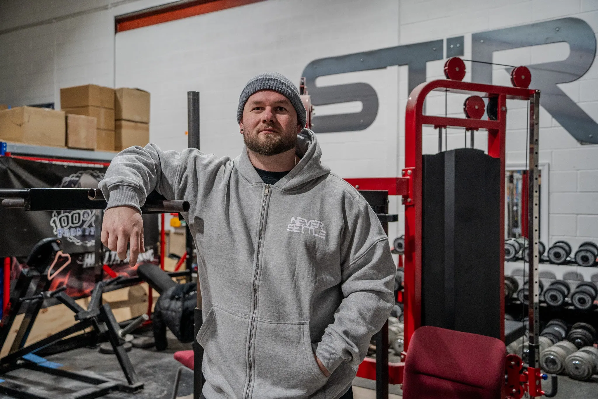 NEVER SETTLE Heavyweight Oversized Grey Zip Hoodie   FREE STRAPS