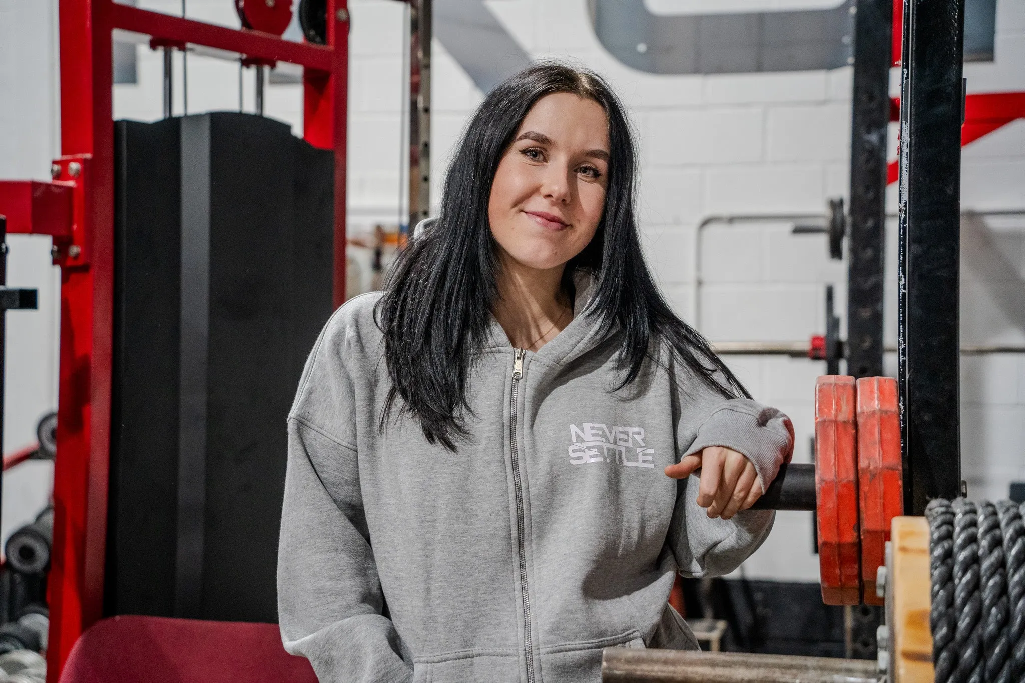 NEVER SETTLE Heavyweight Oversized Grey Zip Hoodie   FREE STRAPS