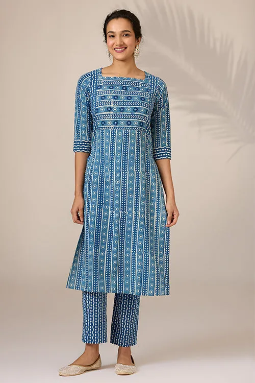 Okhai "Neelay" Hand-Embroidered Mirrorwork Handblock Printed Pure Cotton Kurta Pant Set