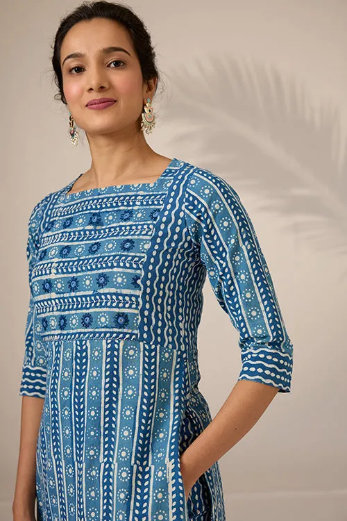 Okhai "Neelay" Hand-Embroidered Mirrorwork Handblock Printed Pure Cotton Kurta Pant Set
