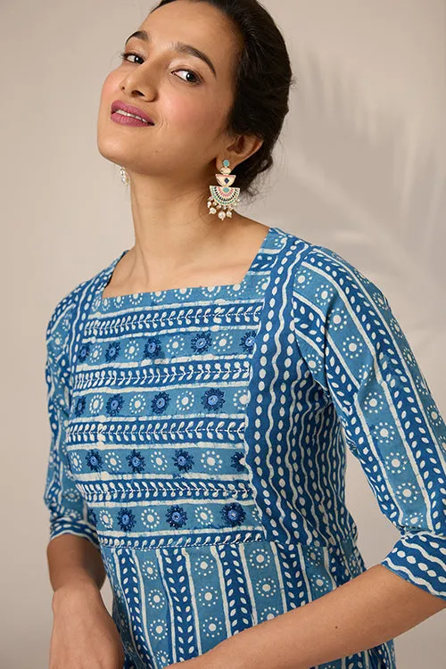 Okhai "Neelay" Hand-Embroidered Mirrorwork Handblock Printed Pure Cotton Kurta Pant Set