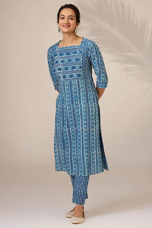 Okhai "Neelay" Hand-Embroidered Mirrorwork Handblock Printed Pure Cotton Kurta Pant Set