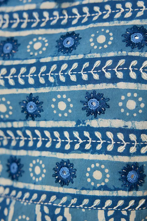 Okhai "Neelay" Hand-Embroidered Mirrorwork Handblock Printed Pure Cotton Kurta Pant Set