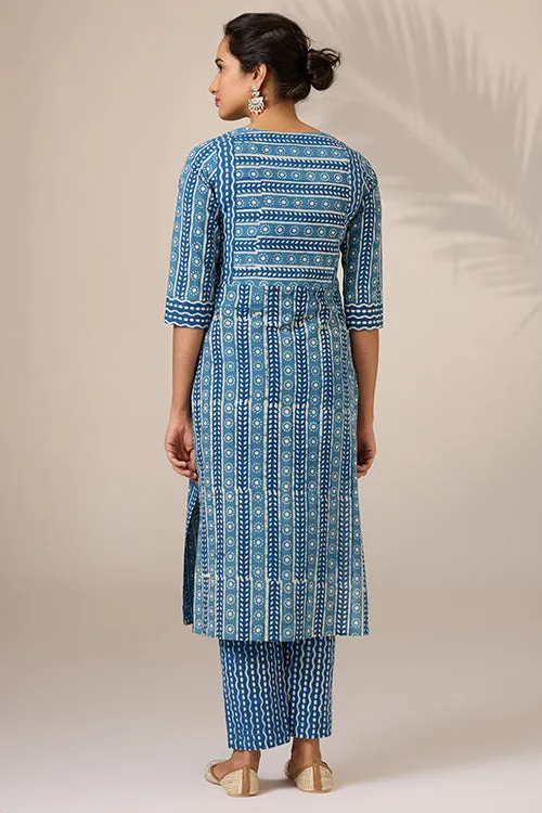 Okhai "Neelay" Hand-Embroidered Mirrorwork Handblock Printed Pure Cotton Kurta Pant Set