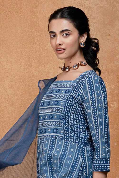 Okhai "Neelay" Hand-Embroidered Mirrorwork Handblock Printed Pure Cotton Kurta Pant Set