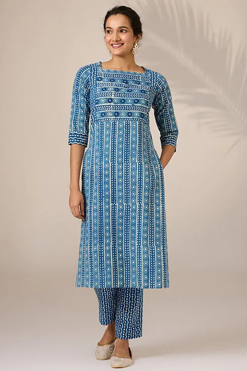 Okhai "Neelay" Hand-Embroidered Mirrorwork Handblock Printed Pure Cotton Kurta Pant Set