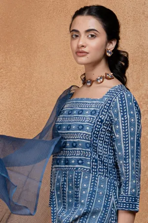 Okhai "Neelay" Hand-Embroidered Mirrorwork Handblock Printed Pure Cotton Kurta Pant Set