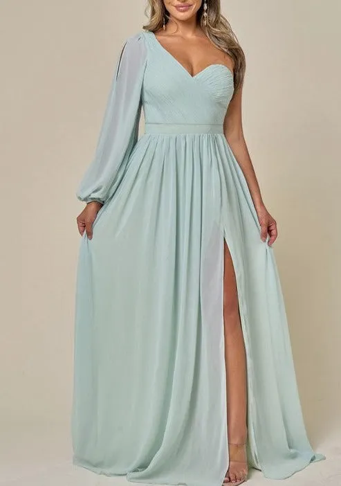 One Shoulder Chiffon Slit Formal Dress