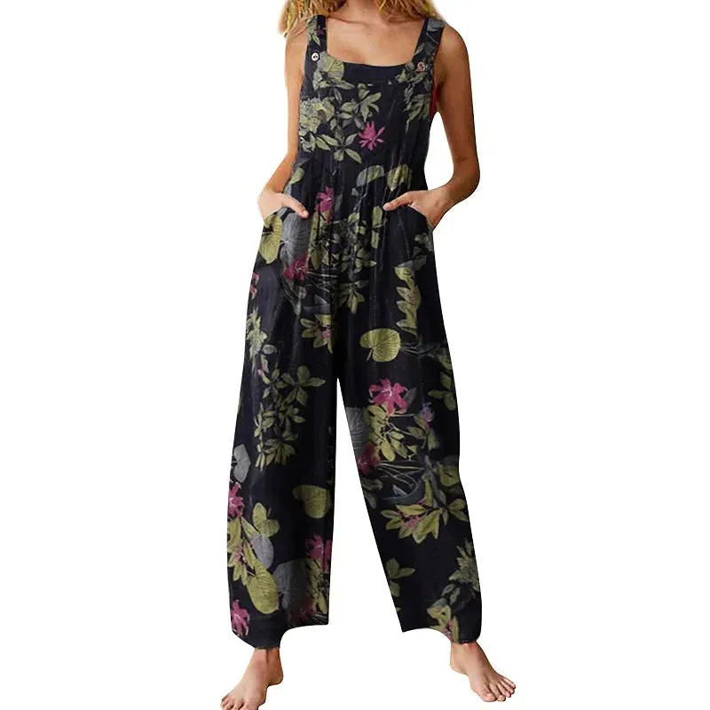 Overalls Women Summer Jumpsuit Outfits Plus Size Solid Color Casual Button Wide Leg Suspender Pants Overalls with Pockets