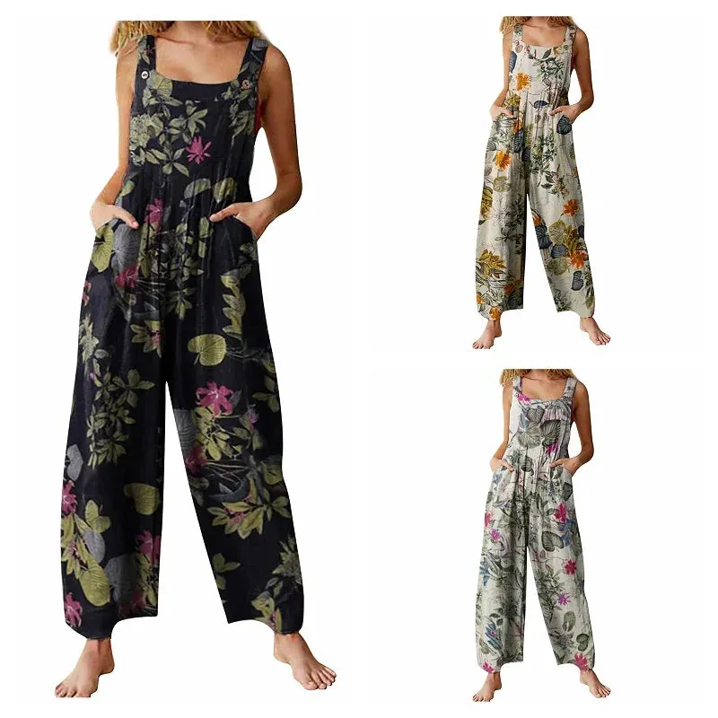 Overalls Women Summer Jumpsuit Outfits Plus Size Solid Color Casual Button Wide Leg Suspender Pants Overalls with Pockets