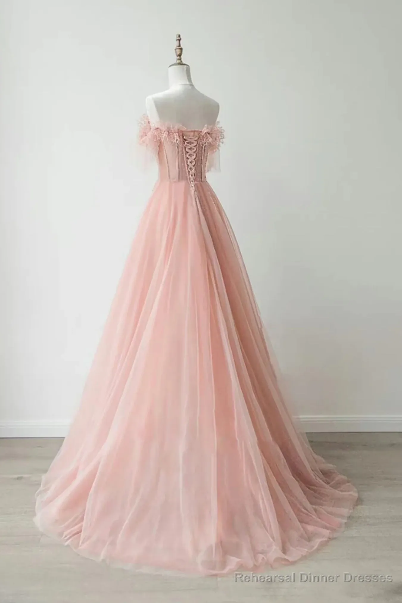 Pink Tulle Strapless Lace Long Prom Dresses, Pink Lace Formal Dresses, Long Pink Evening Dresses