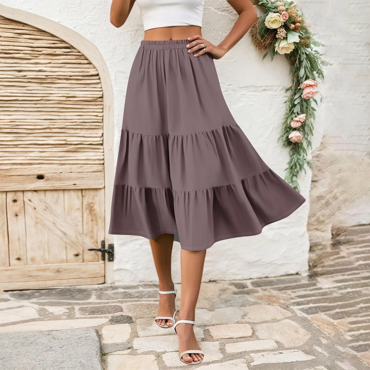 Skirts for Women Midi Length Boho Beach Vacation Flowy Floral Skirt Summer Casual Comfy High Waisted A Line Skirt