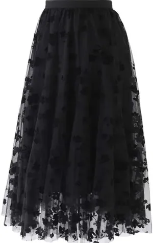 Skirts for Women Midi Long Length Pleated High Waisted Tulle Skirt Floral A-Line Flowy Skirts Black, 32 Regular