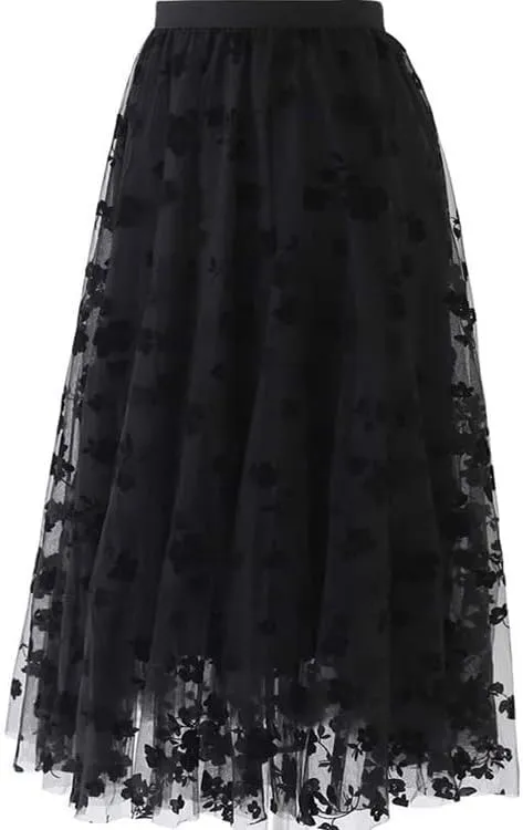 Skirts for Women Midi Long Length Pleated High Waisted Tulle Skirt Floral A-Line Flowy Skirts Black, 32 Regular
