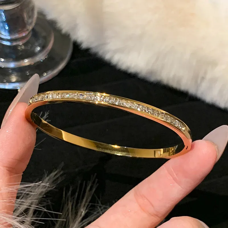 Titanium Steel Gold Plated Bracelet for Women  Hypoallergenic Simple Bangle, Zircon Accents (Daily Wear & Gifts)