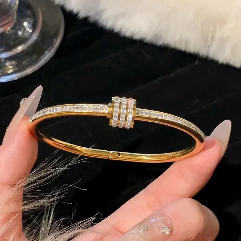 Titanium Steel Gold Plated Bracelet for Women  Hypoallergenic Simple Bangle, Zircon Accents (Daily Wear & Gifts)