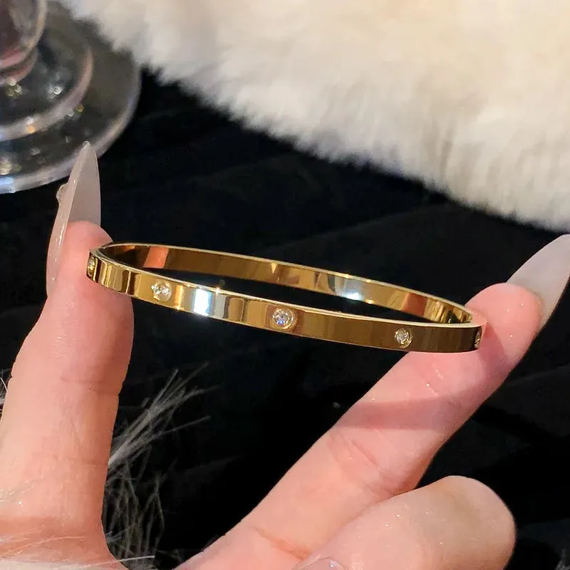 Titanium Steel Gold Plated Bracelet for Women  Hypoallergenic Simple Bangle, Zircon Accents (Daily Wear & Gifts)