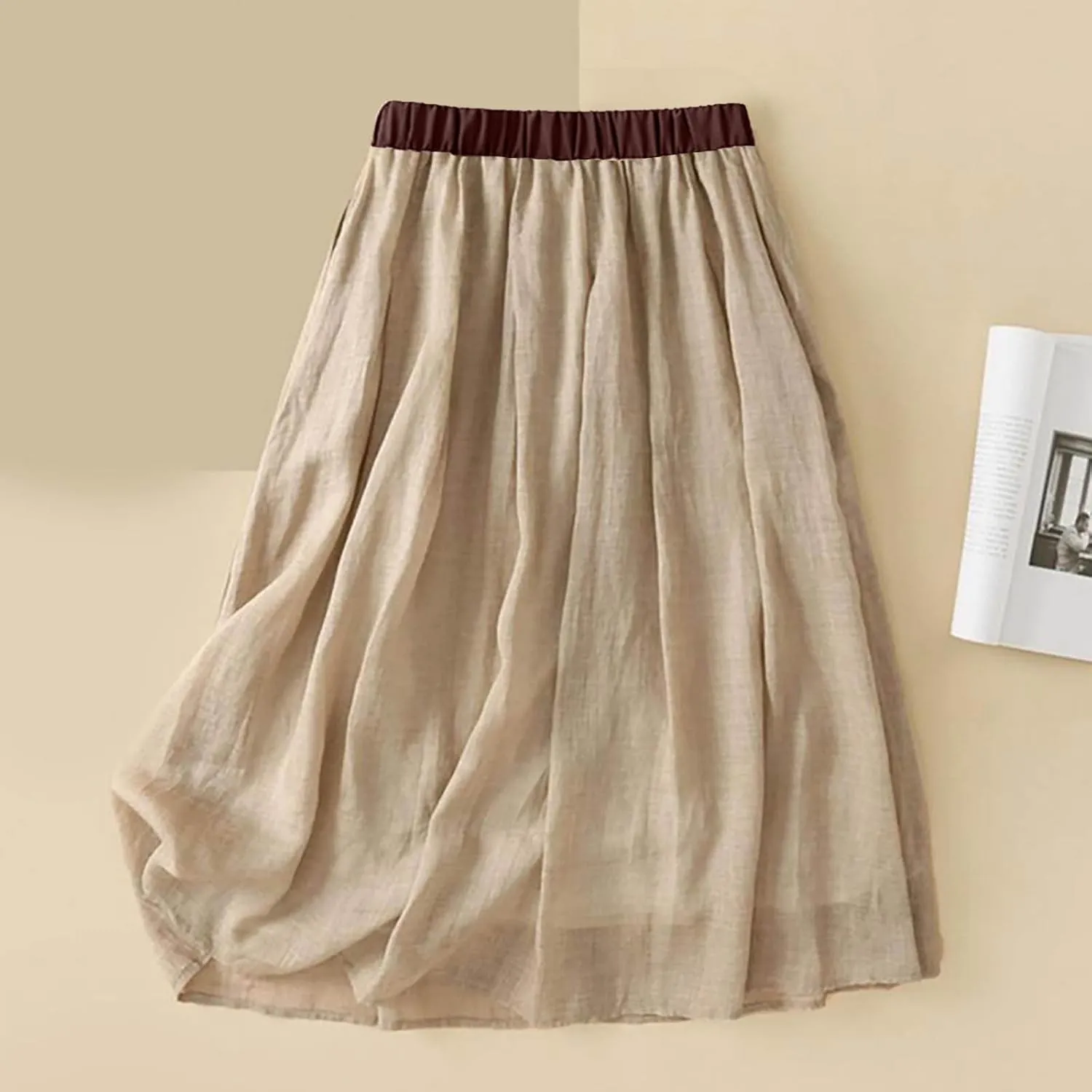 Women Casual Cotton Linen Skirts Baggy Frill Tie Waist A-Line Midi Skirt Summer Fashion Going Out Daily Skirts