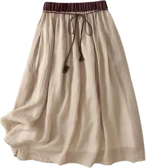 Women Casual Cotton Linen Skirts Baggy Frill Tie Waist A-Line Midi Skirt Summer Fashion Going Out Daily Skirts