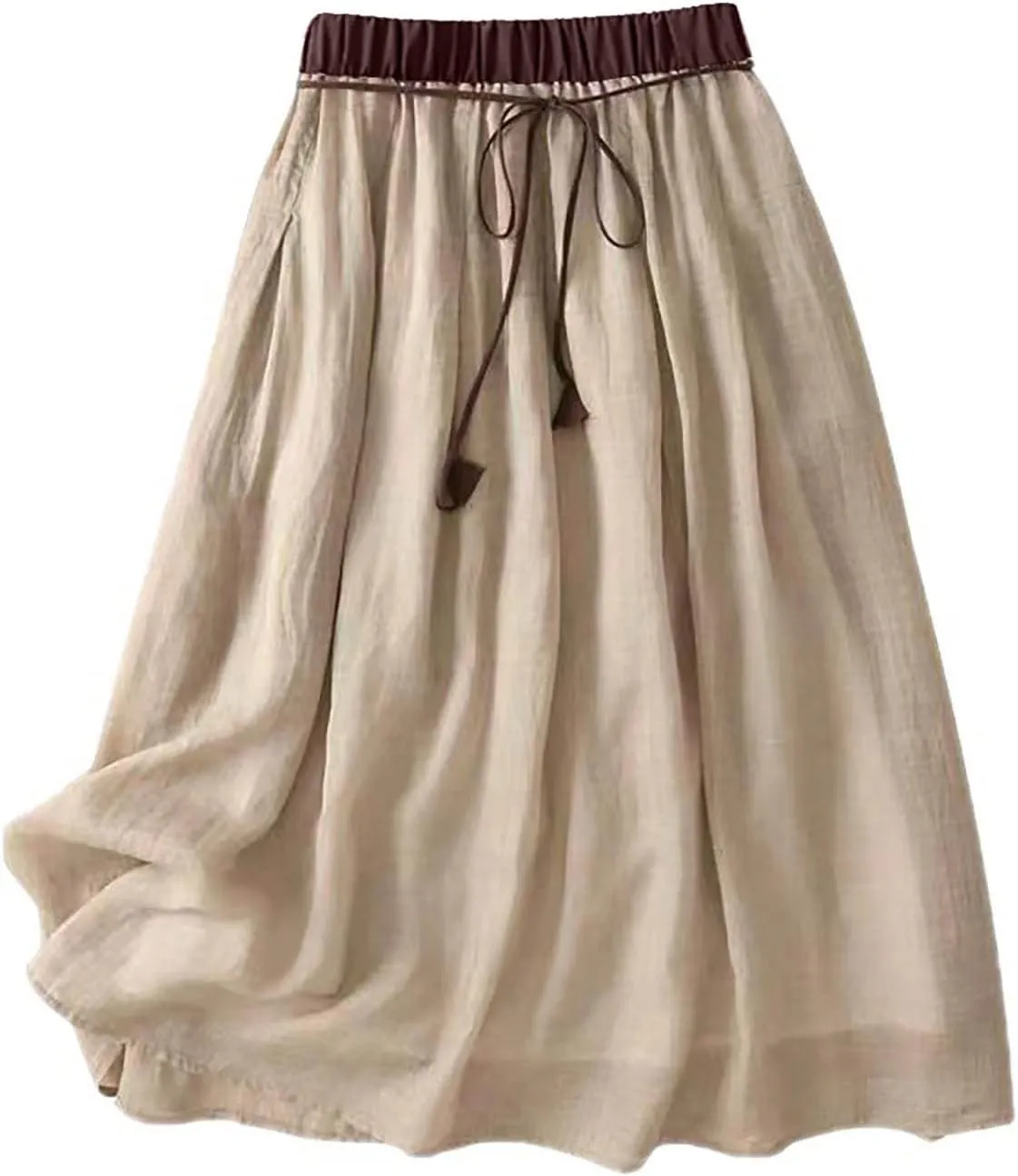 Women Casual Cotton Linen Skirts Baggy Frill Tie Waist A-Line Midi Skirt Summer Fashion Going Out Daily Skirts