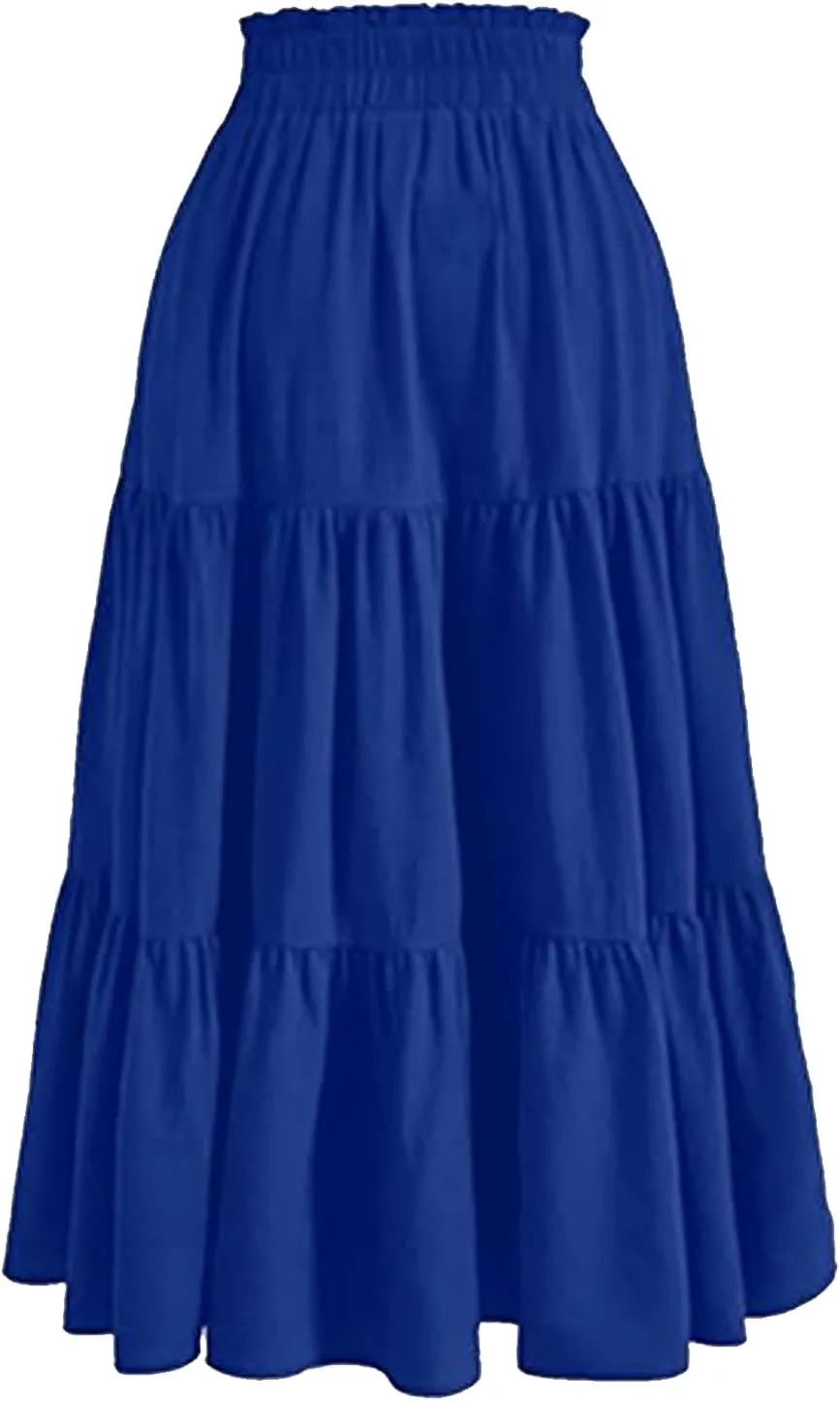 Women's Boho Maxi Skirt Summer Flowy Skirts A Line Pleated Skirts Ruffle Tiered Dresses Drawstring High Waist Dresses