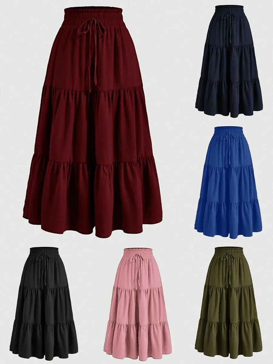 Women's Boho Maxi Skirt Summer Flowy Skirts A Line Pleated Skirts Ruffle Tiered Dresses Drawstring High Waist Dresses